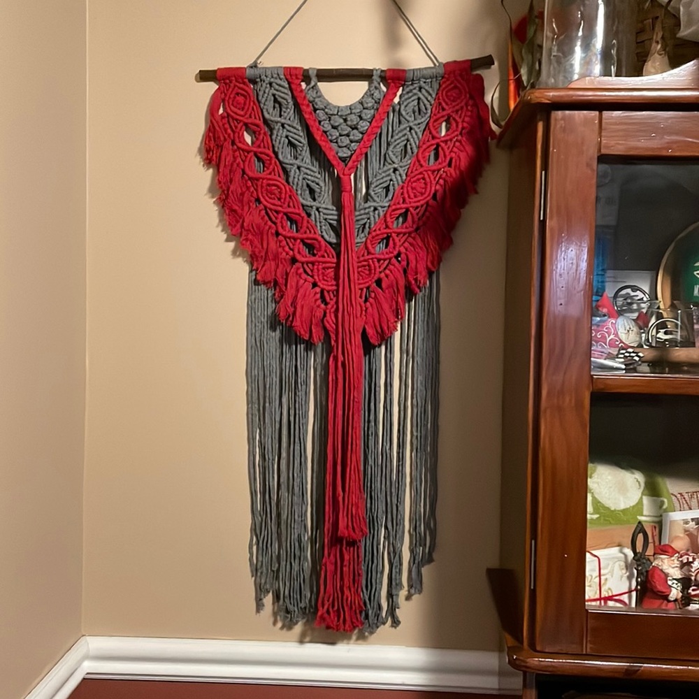 Large (handmade in Turkey) red and gray macramé wall hanging home decor